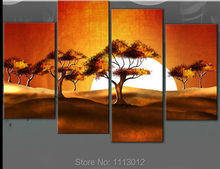 Abstract Africa SunSet Sunrise Tree Oil Painting Hand Painted 4 Panel Arts Set Home Decor Modern Wall Picture For Living Room 2024 - buy cheap