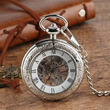 Luxury Silver Roman Numerals Display Mechanical Pocket Watch Skeleton Watch Men Women Hand Winding Pendant Chain Old Fashioned 2024 - buy cheap