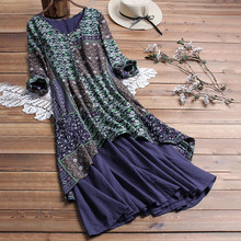 Feitong Dress Women Vintage Floral Print O-Neck Patchwork Dress Vestidos De Verano Loose Long Sleeve Plus Size Summer Dress 2024 - buy cheap