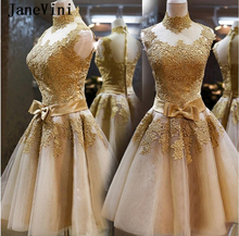 JaneVini 2020 Gold Lace Bridesmaid Dresses Short Plus Size Formal Dress Women Elegant High Neck Sheer Tulle Wedding Party Gowns 2024 - buy cheap