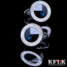 Kflk jóias redonda camisa francesa abotoaduras para homens marca azul cristal manguito link botão de casamento luxo alta qualidade convidados 2024 - compre barato
