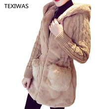 TEXIWAS Winter Cardigan Hoodies coat vogue knit Patchwork plush Thicken hooded Fur Faux Fur coat women Drawstring Warm Outerwear 2024 - buy cheap