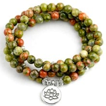 108 Mala Beads Bracelets Natural Stone Chinese Unakite OM Lotus Buddha Charm Bracelets Men Women Yoga Jewelry 2024 - buy cheap