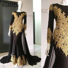 Elegant Gold Embroidery Black Evening Dresses 2019 Mermaid Long Sleeves Beaded Appliques Lace Women Formal Prom Gown Party Dress 2024 - buy cheap