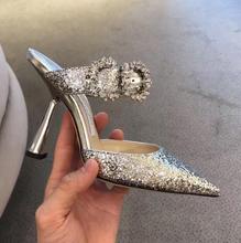 Carpaton Mais Novo Do Dedo Do Pé Apontado Sandálias de Salto Alto Sapatos de Casamento Festa de Mulher Prata Glitter Adornadas Sandálias Fivela de Cristal 2024 - compre barato