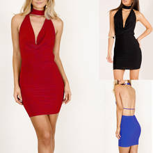 summer Women Pure Color Tight Fitting Sleeveless Halter Backless Deep V Dress sexy dress Halter Neck 2024 - buy cheap