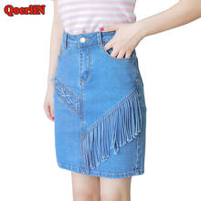 QoerliN Sexy High Waist Tassel Straight Short Mini Jeans Skirt Women 2018 Pocket Zipper Button Fashion New Denim Female Clothing 2024 - buy cheap