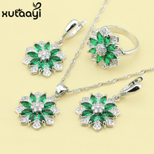 Fashion Women Wonderful Jewelry Sets  Silver color Flower Green Imitated Emerald Earring Ring Necklace Pendant Free Gift Box 2024 - buy cheap