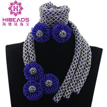 Moda azul real cuentas de flores gruesas conjunto de joyas africanas cuentas plateadas cristal traje collar conjunto para la boda QW1193 2024 - compra barato