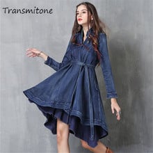 Vestido vaquero Vintage de manga larga para mujer, traje asimétrico con cuello en V, apliques con cinturón, dobladillo oscilante bordado, primavera 2019 2024 - compra barato