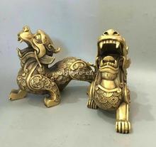 Pair 11'' brass carvings home fengshui bring treasure wealth dragon pixiu beast 2024 - buy cheap