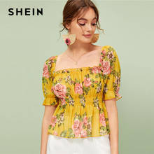 SHEIN Floral Print Frill Trim Peplum Top Women Summer Flared Shirred Blouses Boho Ginger Ruffle Hem Womens Tops and Blouses 2024 - buy cheap