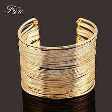 F&U New Arrival Fashion Curve Gold Color Wide Opened Cuff Bracelets & Bangles Ladies Jewelry 2024 - buy cheap