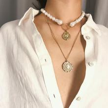 Wild Vintage Double Layer Faux Pearl Choker Embossed Coin Pendant Women Necklace 2024 - compre barato