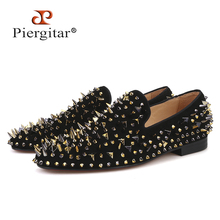 Piergitar new arrive men suede shoes with gold and black spikes Fashion party and banquet men loafers plus size smoking slipper 2024 - buy cheap