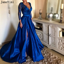 Janevini elegante renda azul real manga longa vestidos de baile sexy decote em v profundo alta divisão ilusão uma linha cetim vestidos largos 2024 - compre barato