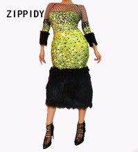 Black Green Sparkly Rhinestones Luxury Black Feather Dress Bling Crystals Argyle Design Singer Dresses Nightclub Party Costume 2024 - buy cheap