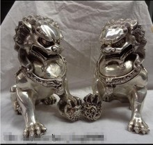 YM  312  Chinese Silver Wealth FengShui Foo Fu Dog Guardian Lion Ball Bronze Statue Pair 2024 - buy cheap