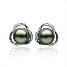 Free Shipping Black Green Tahitian Cultured Pearl Diamond Stud Earrings 18K White Gold 8.5-9MM 2024 - buy cheap