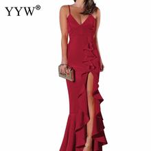 Sexy V Neck Ruffles Women Evening Dress 2020 Summer Spaghetti Strap Long Party Gowns Side Slit Irregular Elegant Formal Dresses 2024 - buy cheap