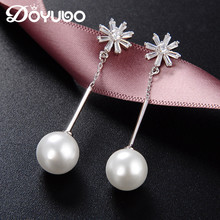 DOYUBO Beauty Women White Simulated Pearl Drop Earrings 925 Sterling Silver Flower Cubic Zirconia Earrings Fine Jewelry VC208 2024 - buy cheap