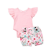 Newborn Baby Clothes Two-piece Hot summer Flower Fashion outfits sunsuit Infant Girls Pink Ruffle Romper+floral shorts suit 0-2Y 2024 - buy cheap