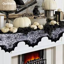 Ourwarm Halloween Spider Web Bats Fireplace Mantel Scarf 50x200cm Halloween Party Decoration Black Lace Polyester Bats Cover 2024 - buy cheap
