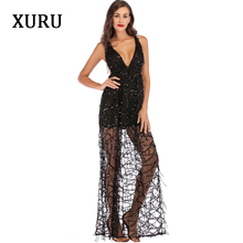 XURU new sequin dress sling Slim sexy club party dress halter black apricot tassel mopping long dress 2024 - buy cheap