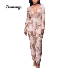 Ziamonga  Rompers Womens Jumpsuit 2017 Sexy Slim V-Neck Long Sleeve Lace Gold Sequin Women Jumpsuits Long Pants Clubwear S2823 2024 - buy cheap