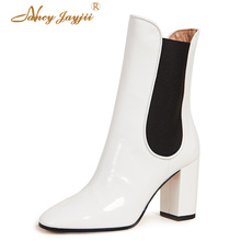 Nancyjayjii branco couro elegante das mulheres chelsea tornozelo botas super salto quadrado alto botas de inverno curto para sapatos quentes femininos 2024 - compre barato