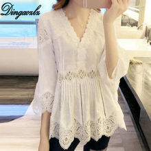 Dingaozlz-blusa informal de encaje con volantes para mujer, camisa femenina de retales calada, a la moda coreana, color blanco, Crochet 2024 - compra barato