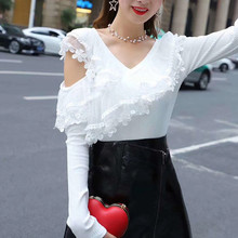 2018 New Autumn Women Short Tops V-Neck Ruffles Blouse Sweet Hollow Out Floral Lace Shirt Ladies Long Sleeve Mesh Blouses AB1077 2024 - buy cheap