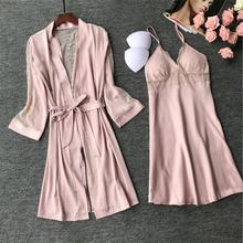 Black Lace Home Wear Women Nightgown Sets Transparent Bathrobe With Chest Pad Female Satin Kimono Gown Sleepwear Robes Suit 971 2024 - buy cheap