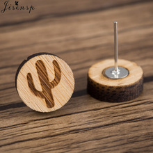 Jisensp Fashion Geometric Cactus Wooden Earrings Female Jewellery Simple Round Statement Stud Earrings New Year Gift 2024 - buy cheap