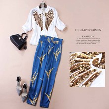 Women 2 pieces set new arrival American and European fashion runway white sequined shirt top + print pants lady suit S-XL 2024 - buy cheap