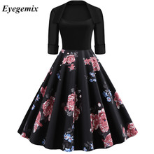 Floral Print High Waist Vintage Dress Women 2021 Autumn Winter Rockabilly Black Patchwork Work Office Party Dresses Robe Femme 2024 - buy cheap