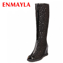 ENMAYLA Black Beige White New Women's Cut-Outs Fashion Shoes PU Boots Knee-High Summer Boots Women Wedges Peep Toe Shoes Woman 2024 - buy cheap