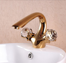 Envío Gratis, manija de cristal doble con acabado dorado, grifo de lavabo de baño montado en cubierta de un solo orificio, grifo mezclador nuevo 2024 - compra barato