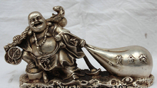 Free Shipping Lucky Chinese Fengshui Silver Happy Laugh Maitreya Buddha Pull Money Bag Statue 2024 - buy cheap