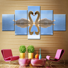 Pintura em tela dois cisne, lago azul, água, reflexão, 5 peças, arte de parede, pintura, papéis de parede modular, pôster, decoração de casa, impressão 2024 - compre barato