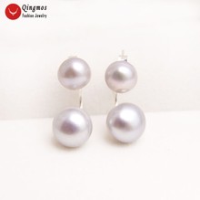 Qingmos-pendientes de perlas naturales para mujer, aretes de perlas naturales, planas, redondas, grises, de 8 a 11mm, joyería fina, Pendiente de doble cara 702 2024 - compra barato