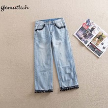 GEMUTLICH Over Size Straight Trousers Ankle-Length Light Blue Tassel Pants Ripped Hole Size 38 40 2024 - buy cheap