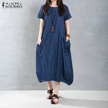 ZANZEA Women 2020 Summer Female Vintage Short Sleeve O Neck Solid Dress Vestidos Plus Size Casual Loose Mid-calf Dresses 2024 - buy cheap