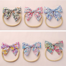3.4" Girls Handmade Fabric Bow headbands,Floral Print Hair Bow Nylon Headbands Spring Color Bows for Girl's Headwear 60pc/lot 2024 - buy cheap