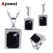 Ayowei Engagement Gift For girl black Zircon Square Design 925 Silver stamped Earrings necklace Rings Jewelry sets JS750A 2024 - buy cheap