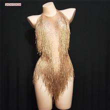 Sparkly Gold Tassel Bodysuit Rhinestones Outfit Glisten Beads Costume One-piece Dance Wear Singer Stage Leotard Headdress 2024 - buy cheap