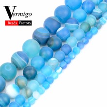 Atacado 4 6 8 10 12mm azul polonês maçante listra ágata contas de pedra natural gem matte contas para fazer jóias diy pulseira 2024 - compre barato