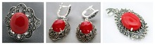 Lady's Red Carved Lacquer Marcasite 925 Sterling Silver floeer Ring(#7-10) Earrings & Pandent jewelry sets 2024 - buy cheap