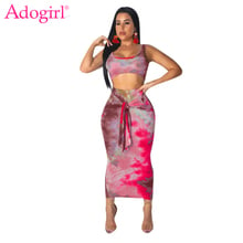 Adogirl Tie Dye Print Women Casual Two Piece Set Sleeveless Crop Tank Top + Front Tie Bodycon Midi Skirt Summer Suits Clubwear 2024 - buy cheap