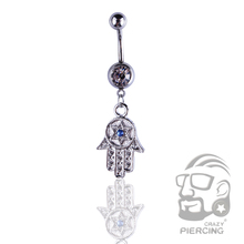 Hamsa Mão Com Hexagrama e 14g 316L Azul Rhinestone Umbigo Anel da Barriga Balançar aço cirúrgico piercing Jóias 2024 - compre barato